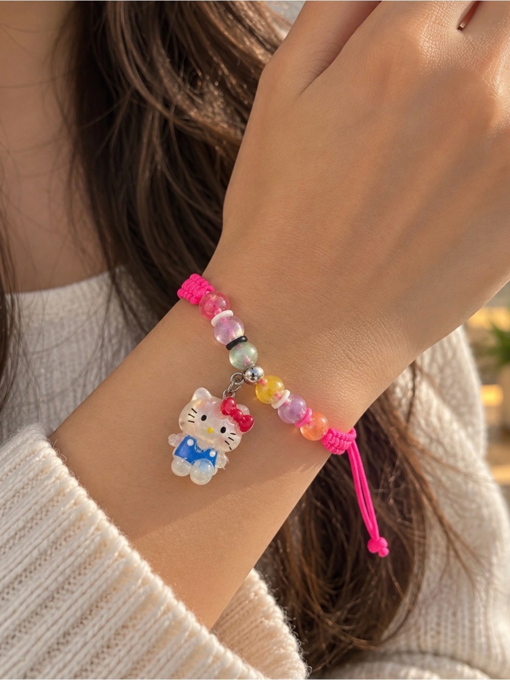 Hello Kitty Pink Cord Bracelet with White Hello Kitty Charm and Pastel Beads